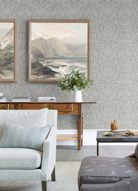 A-Street Prints 4019-86443 Artemis Silver Floral Damask Wallpaper