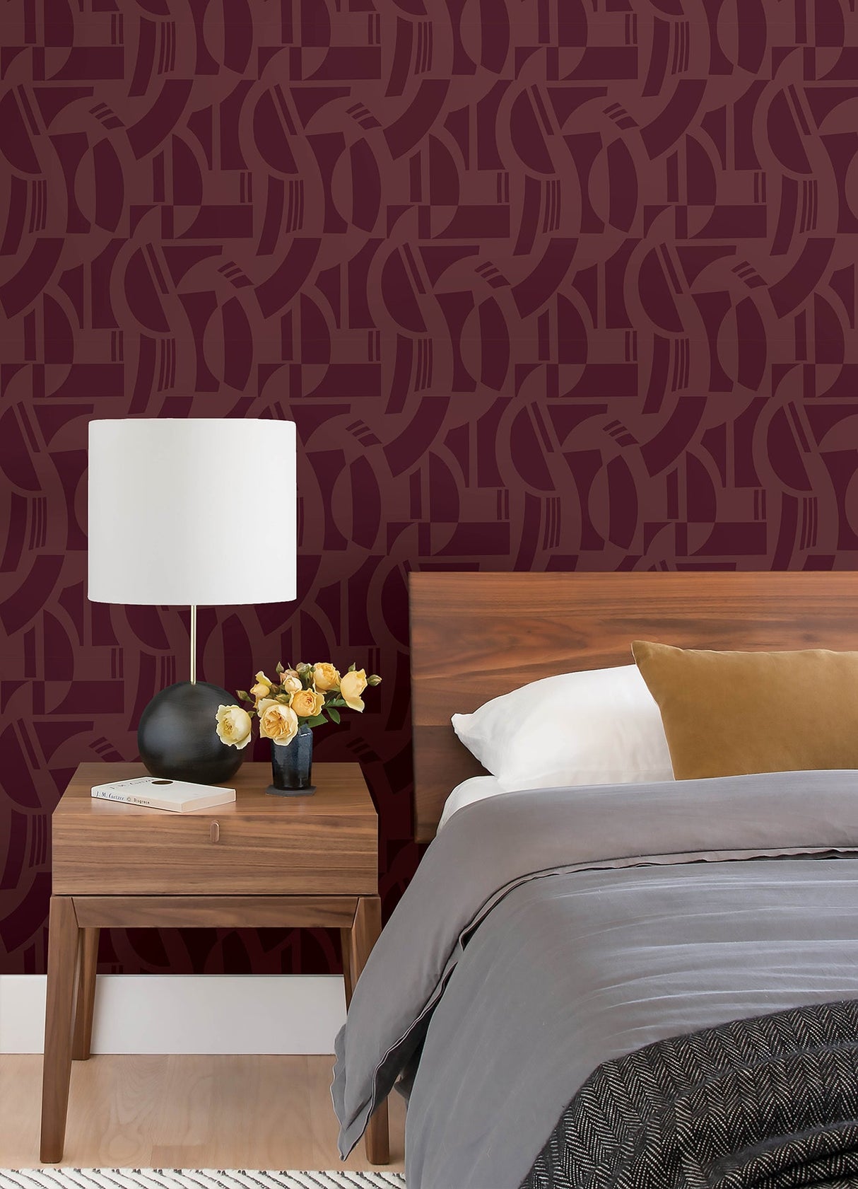 A-Street Prints 4034-87380 Carter Burgundy Geometric Flock Wallpaper by Scott Living