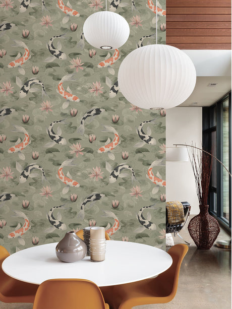 Advantage 4035-409437 Nobu Green Koi Fish Wallpaper