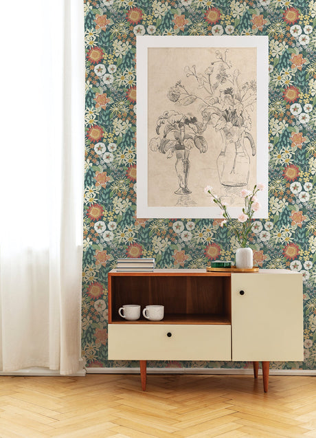 A-Street Prints 4066-26520 Karina Teal Wildflower Garden Wallpaper