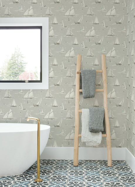 Chesapeake 4071-71036 Leeward Light Grey Sailboat Wallpaper