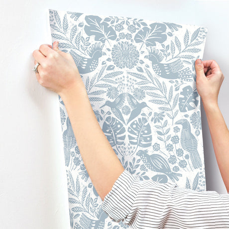 A-Street Prints 4122-27002 Nestle Blue Bird Block Print Wallpaper - Eade's Wallpaper