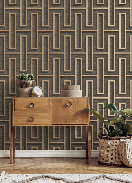 Advantage 4125-26722 Henley Black Geometric Grasscloth Wallpaper