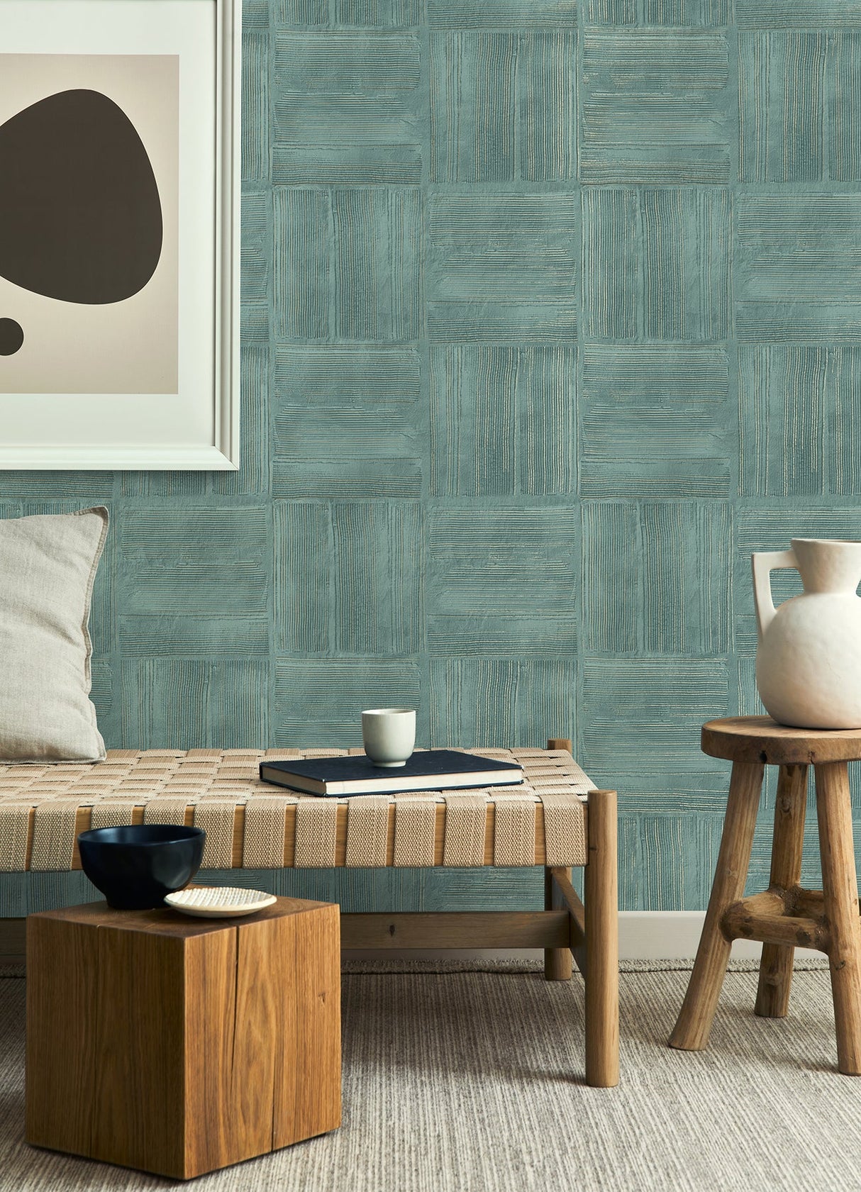 Advantage 4125-26737 Jasper Teal Block Texture Wallpaper