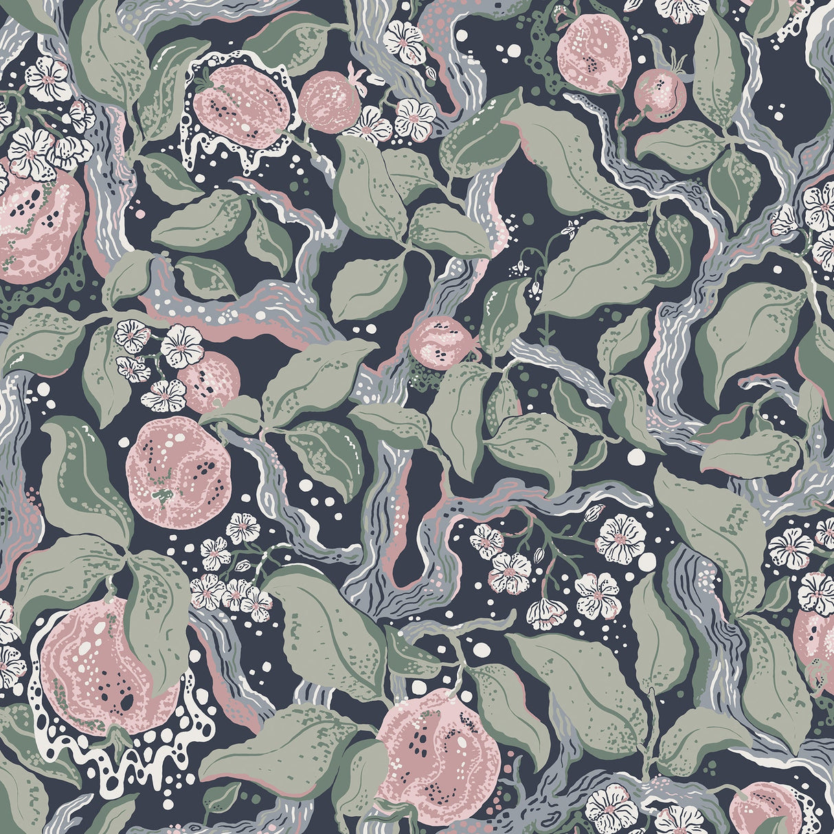 A-Street Prints 4143-22028 Kort Dark Blue Fruit and Floral Wallpaper