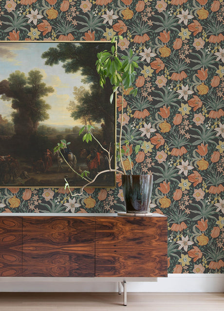 A-Street Prints 4143-34031 Cecilia Black Tulip and Daffodil Wallpaper
