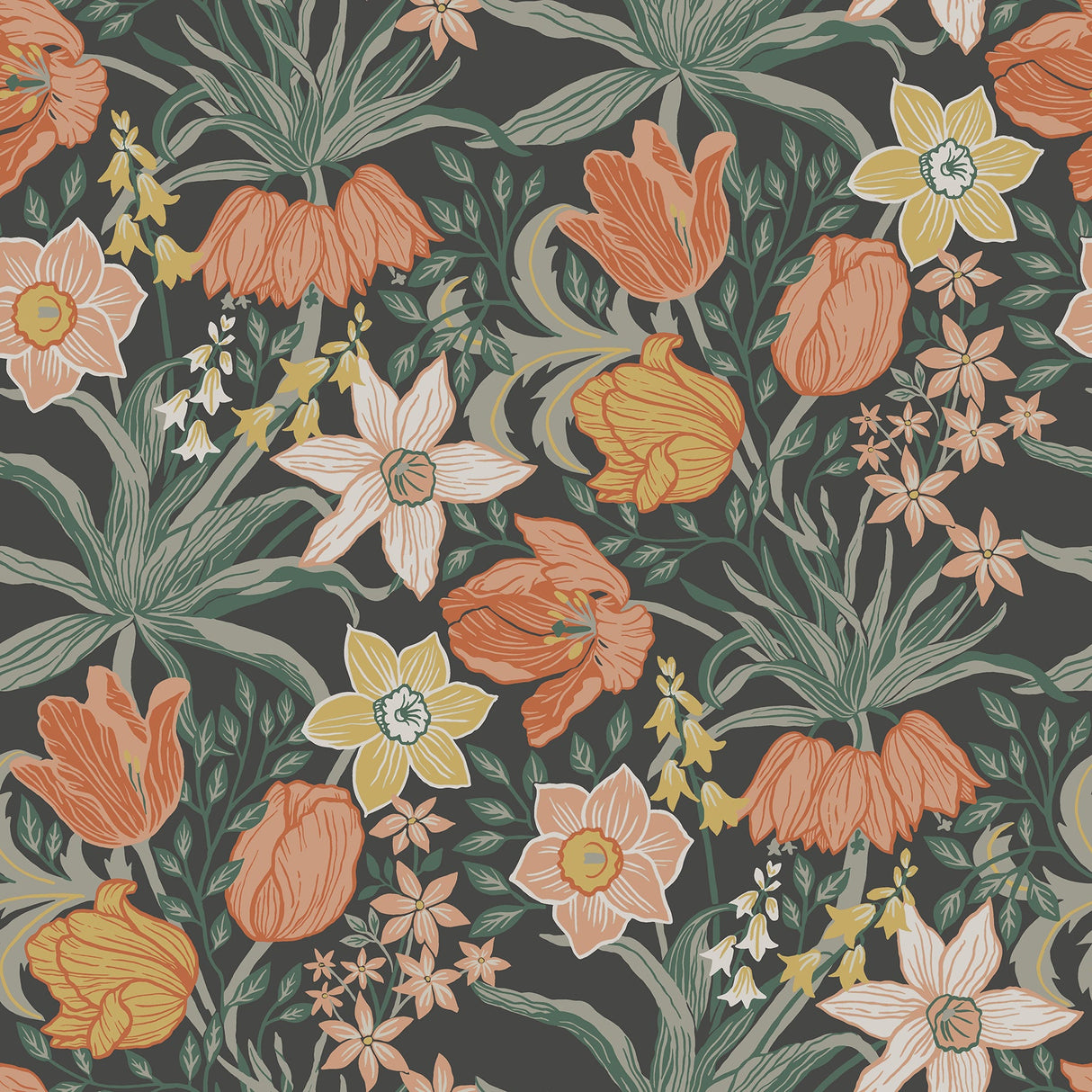 A-Street Prints 4143-34031 Cecilia Black Tulip and Daffodil Wallpaper