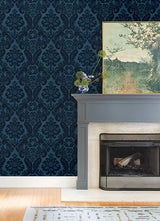 A-Street Prints 4147-87310 Shadow Blue Flocked Damask Wallpaper - Eade's Wallpaper