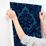 A-Street Prints 4147-87310 Shadow Blue Flocked Damask Wallpaper - Eade's Wallpaper
