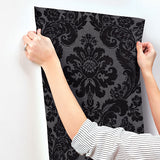 A-Street Prints 4147-87391 Shadow Black Flocked Damask Wallpaper - Eade's Wallpaper