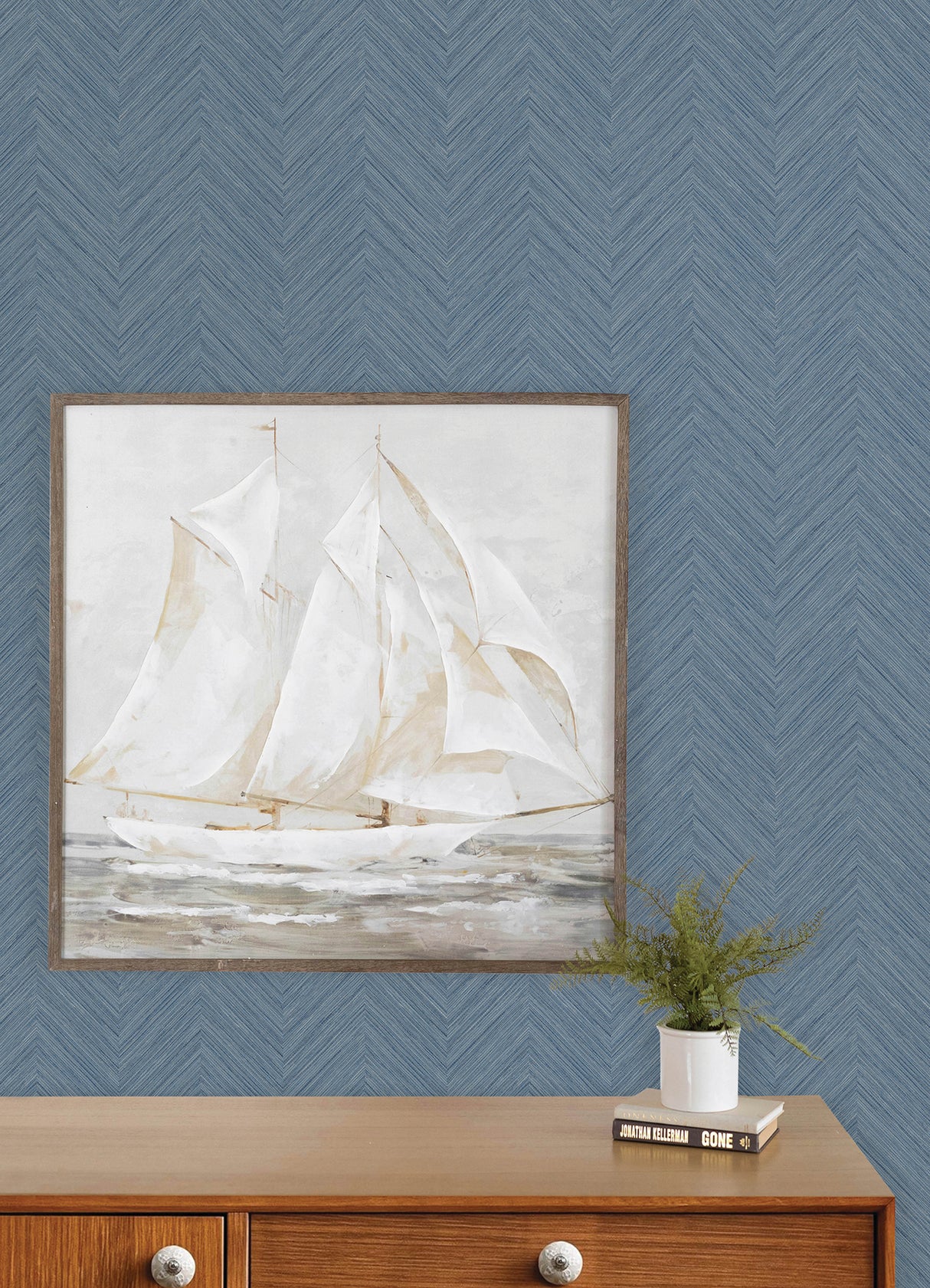 Chesapeake 4192-13678 Caladesi Blue Linen Chevron Wallpaper
