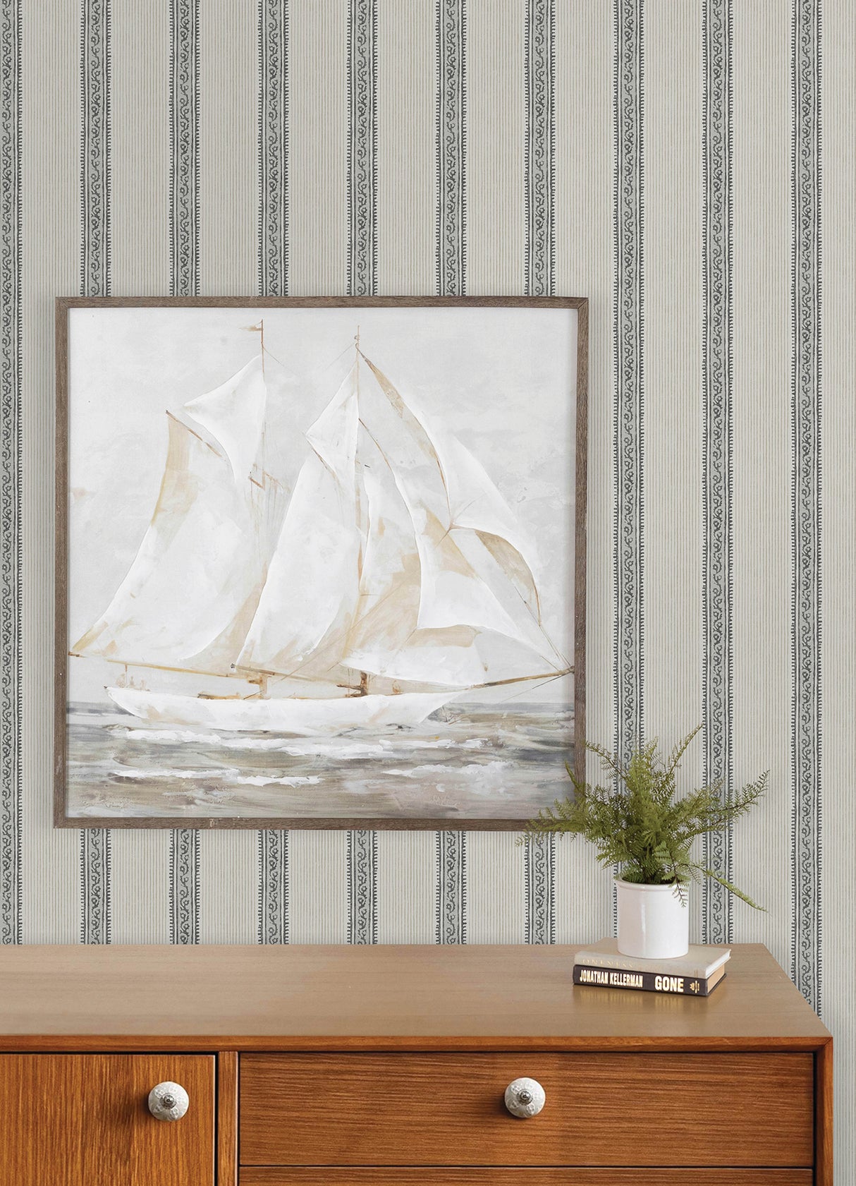 Chesapeake 4192-27426 Mandevilla Black Vine Stripe Wallpaper