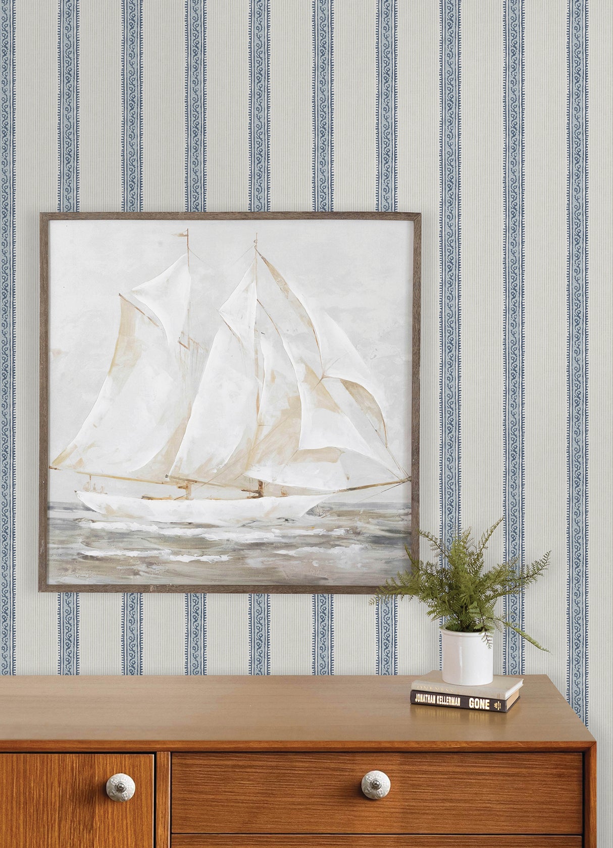 Chesapeake 4192-27428 Mandevilla Blue Vine Stripe Wallpaper