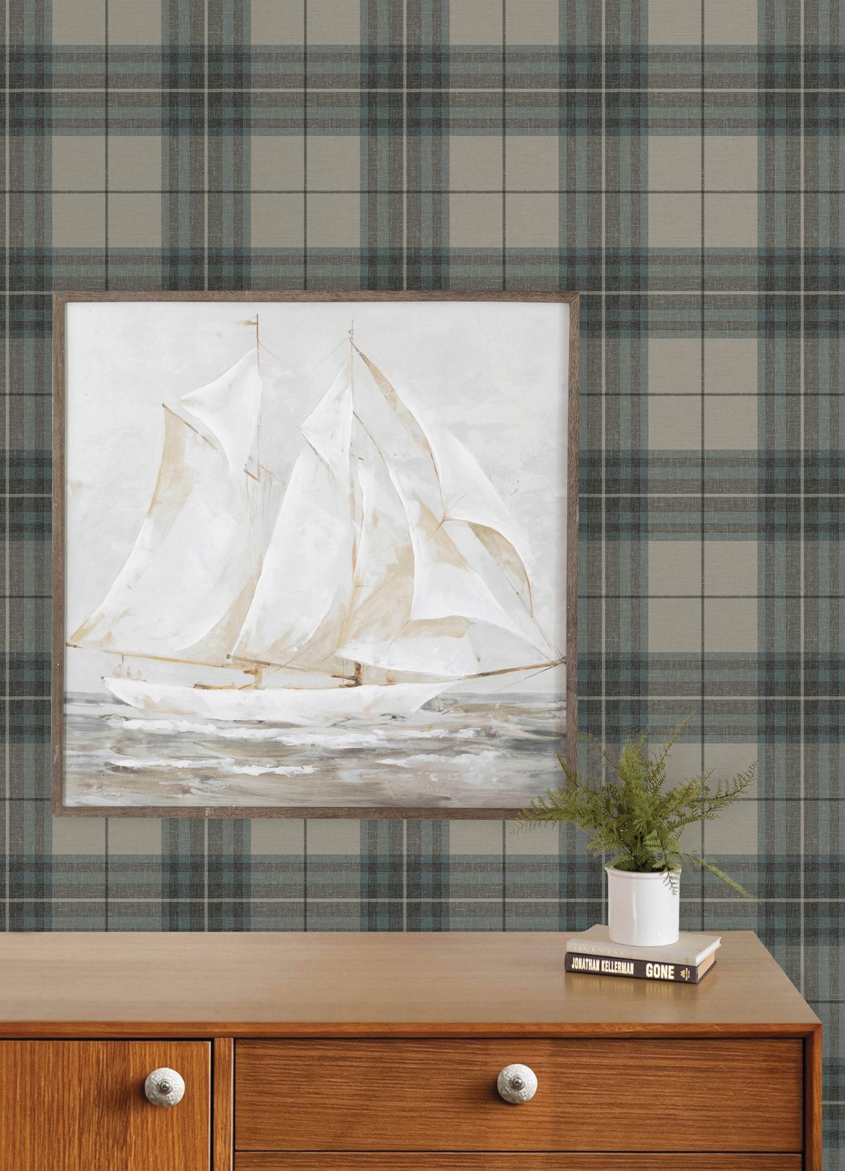Chesapeake 4192-27695 Cabin Check Teal Plaid Wallpaper
