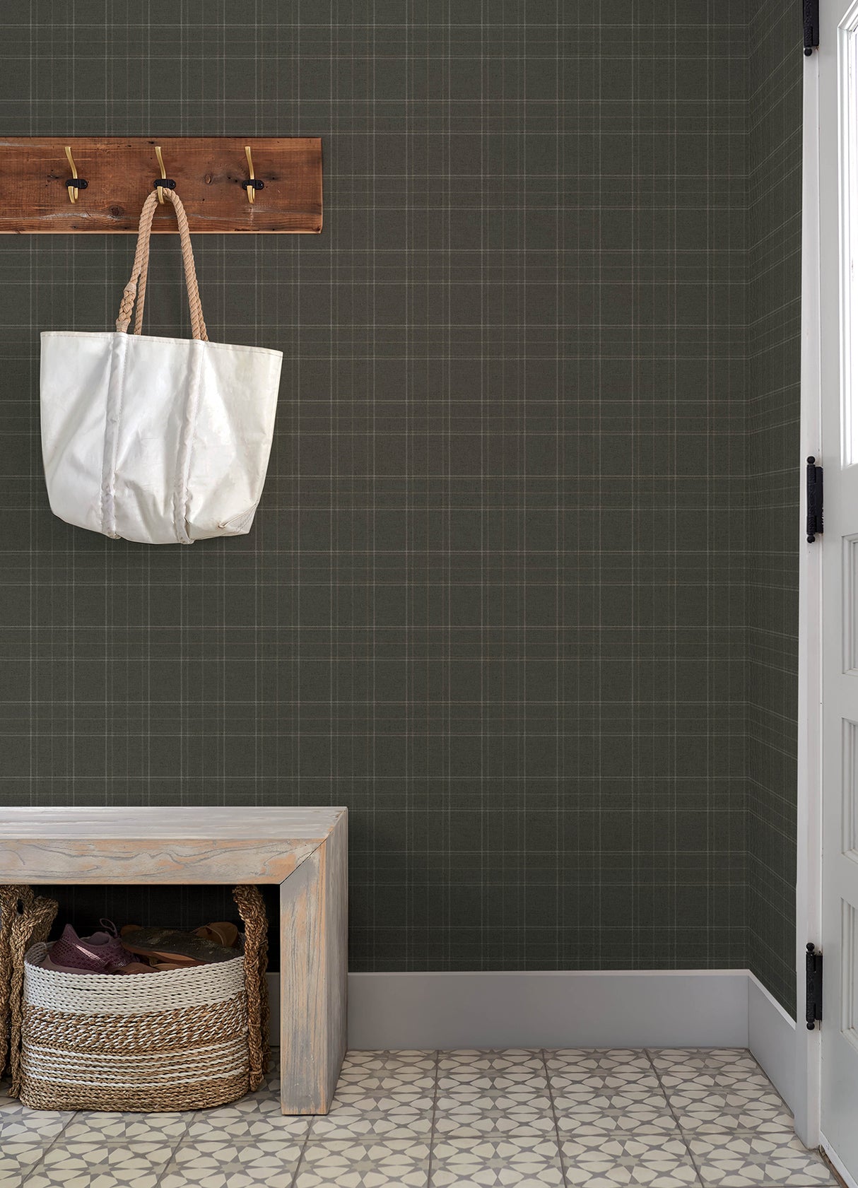 Chesapeake 4192-83457 Fox Hollow Charcoal Dashed Plaid Wallp