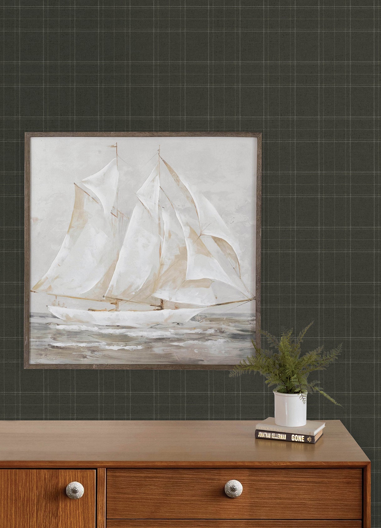 Chesapeake 4192-83457 Fox Hollow Charcoal Dashed Plaid Wallp