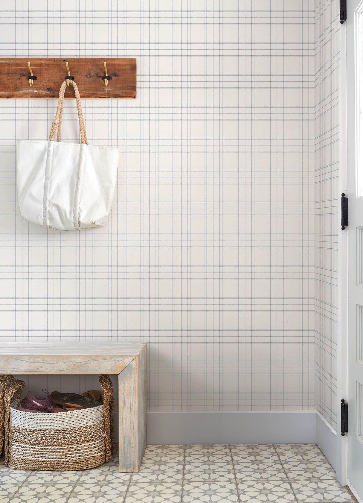 Chesapeake 4192-83460 Fox Hollow White Dashed Plaid Wallpape
