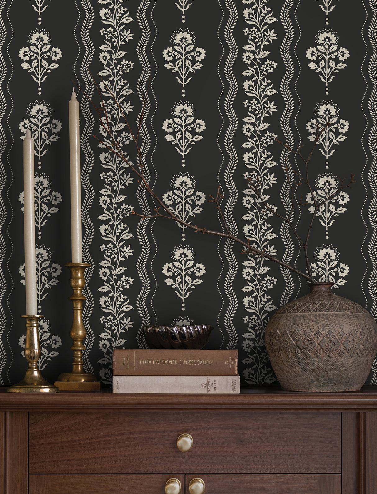 Chesapeake 4199-83724 Lenea Black Floral Stripe Wallpaper