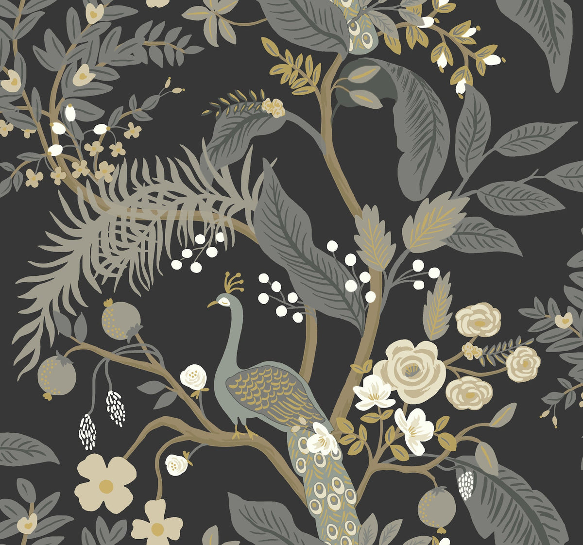 Rifle Paper Co. 4212-84423 Peacock Black Wallpaper