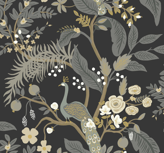 Rifle Paper Co. 4212-84423 Peacock Black Wallpaper