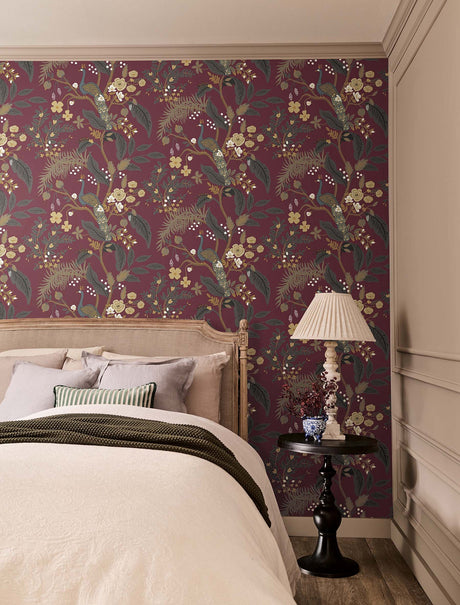 Rifle Paper Co. 4212-84425 Peacock Burgundy Wallpaper