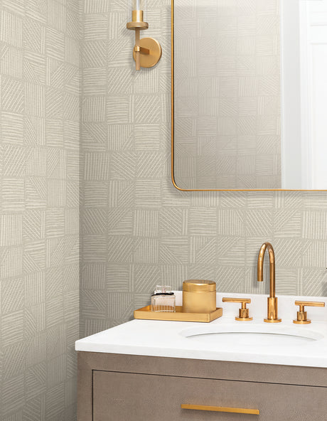 York Wallcoverings Chiseled Patchwork Neutral Faux Fabric Wa