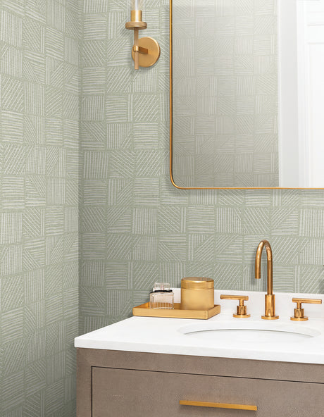 York Wallcoverings Chiseled Patchwork Sage Faux Fabric Wallp