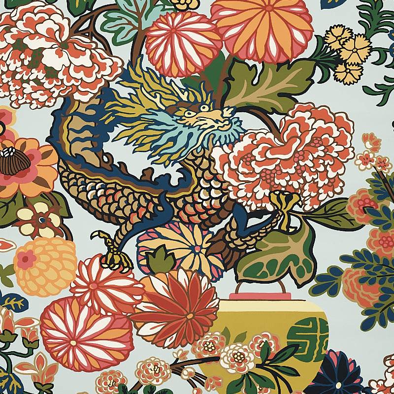 Schumacher Chiang Mai Dragon Aquamarine Wallpaper