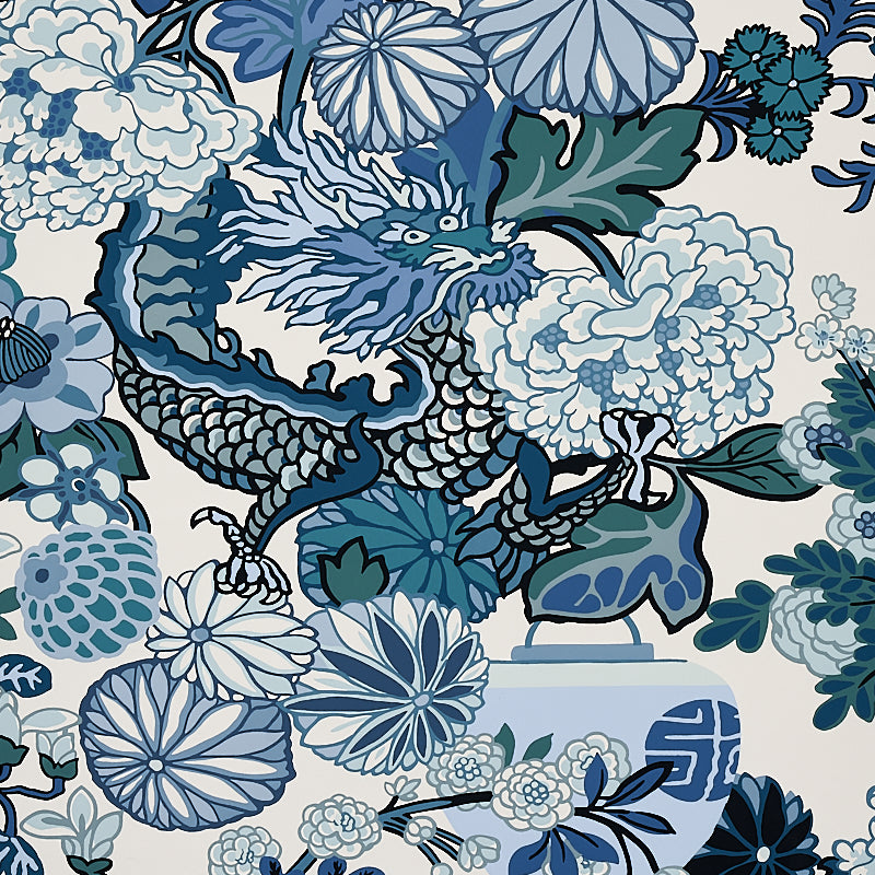 Schumacher 173272 CHIANG MAI DRAGON in CHINA BLUE Fabric - E