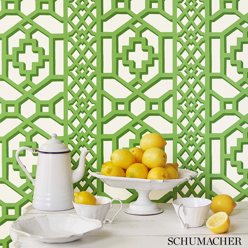 Schumacher Zanzibar Trellis Jade Wallpaper