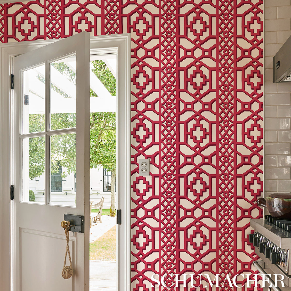 Schumacher Zanzibar Trellis Laquer Red Wallpaper