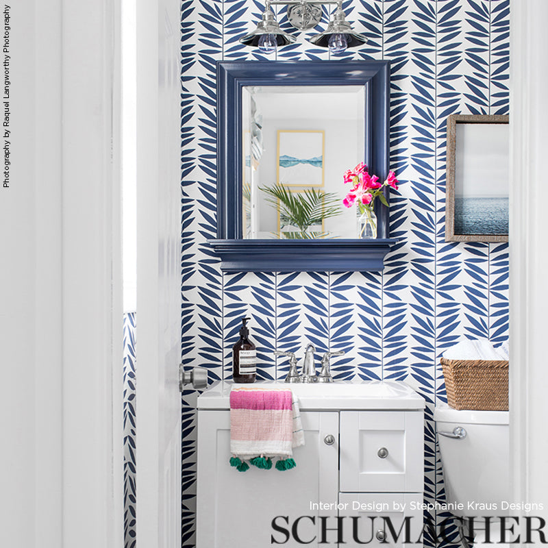 Schumacher Leaf Stripe Marine Wallpaper - Eade's Wallpaper