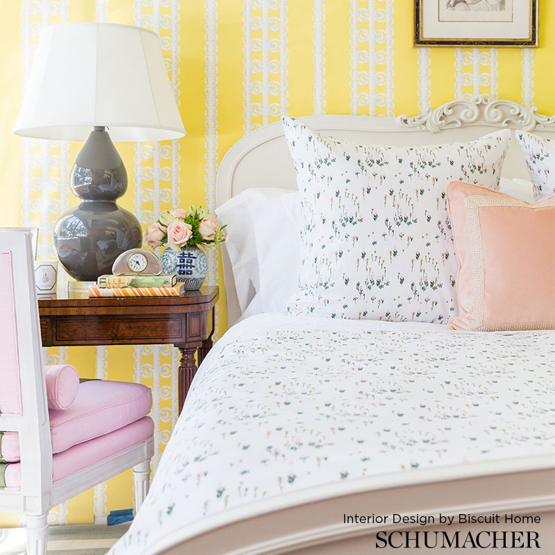 Schumacher Wicker Stripe Lemon Blossom Wallpaper