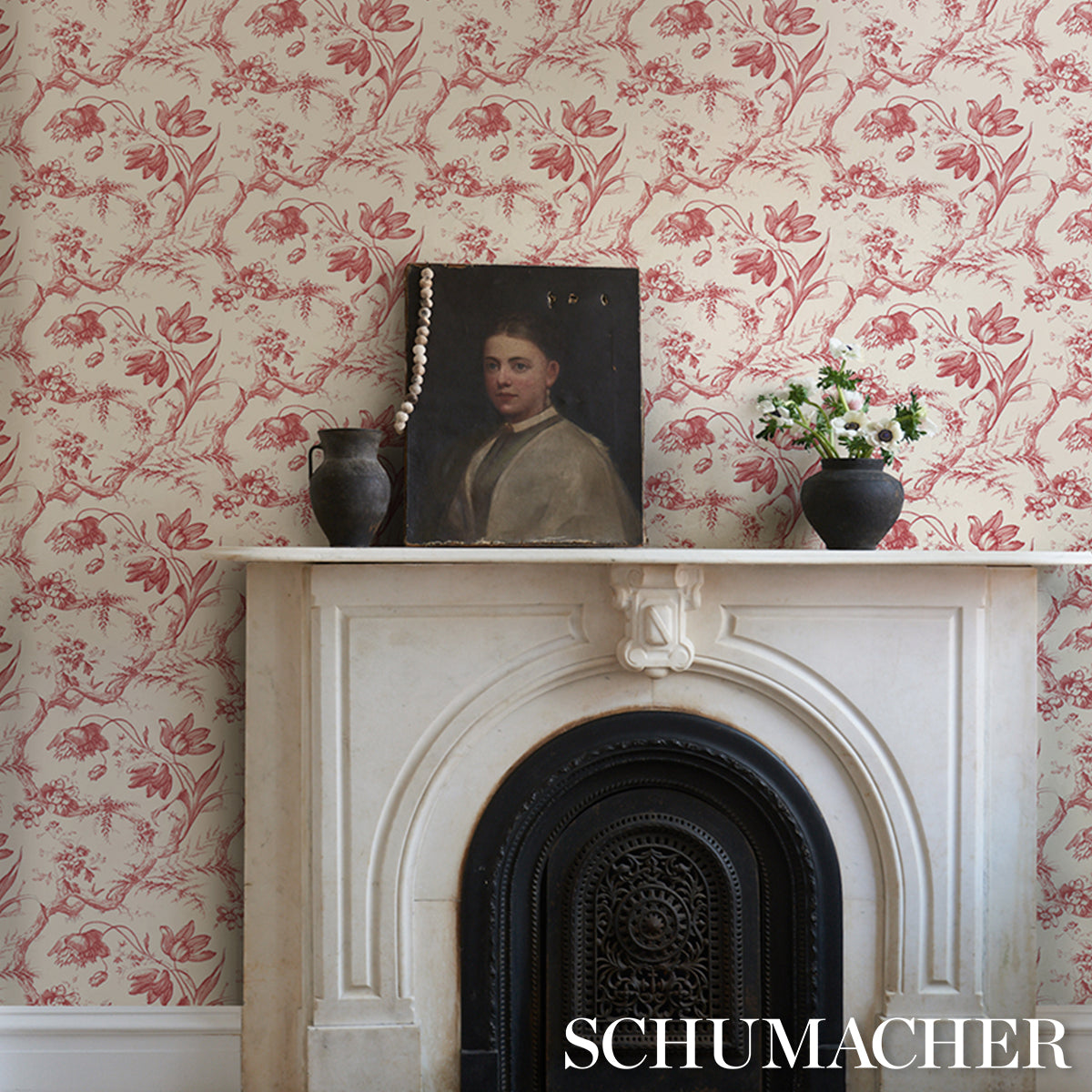Schumacher Toile De Fleurs Rouge Wallpaper - Eade's Wallpaper