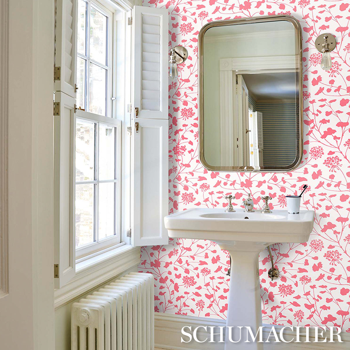 Schumacher Pennick Coral On Ivory Wallpaper - Eade's Wallpaper