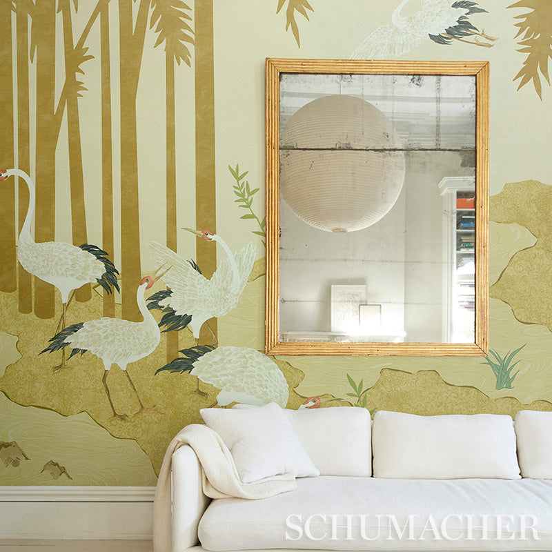 Schumacher Yashinoki Crane Panel Set Willow Wallpaper