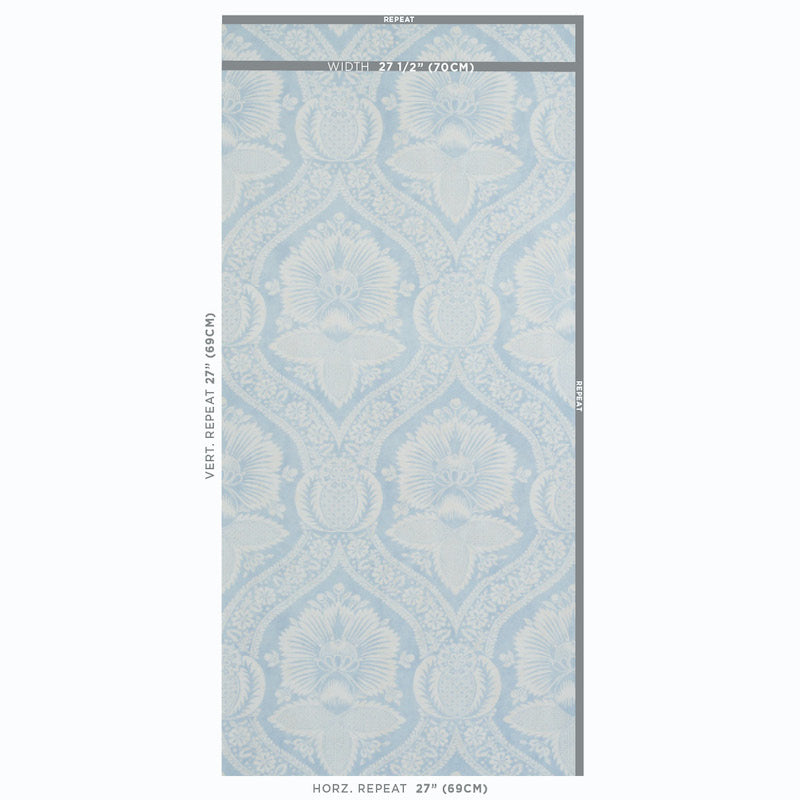 Schumacher Villandry Damask Print Blue Wallpaper