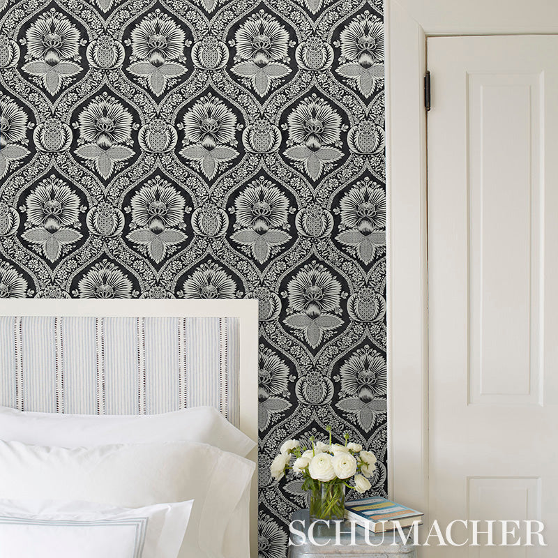 Schumacher Villandry Damask Print Neutral Wallpaper