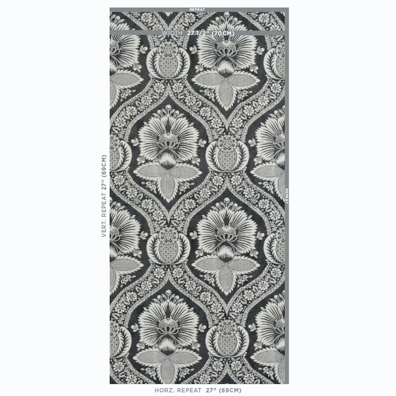 Schumacher Villandry Damask Print Black Wallpaper