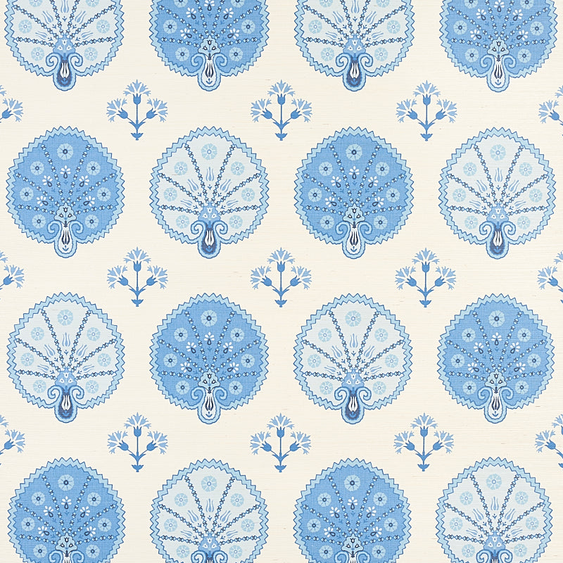 Schumacher Chamba Crown Sisal Blue Wallpaper