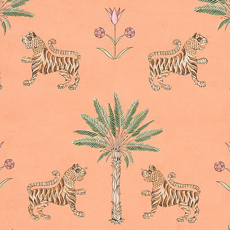 Schumacher Tiger Palm Crimson On Peach Wallpaper - Eade's Wallpaper