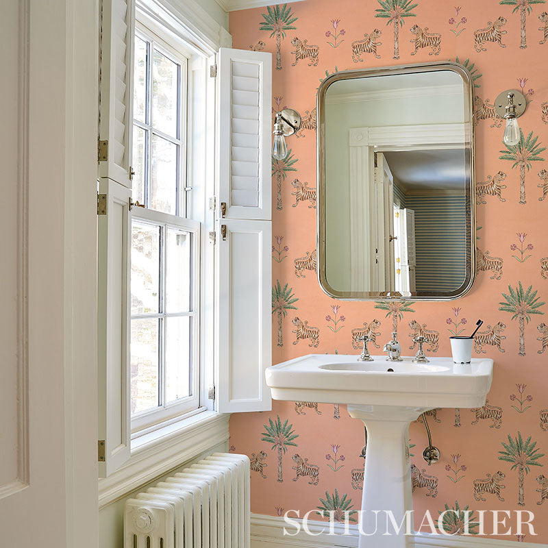 Schumacher Tiger Palm Crimson On Peach Wallpaper - Eade's Wallpaper