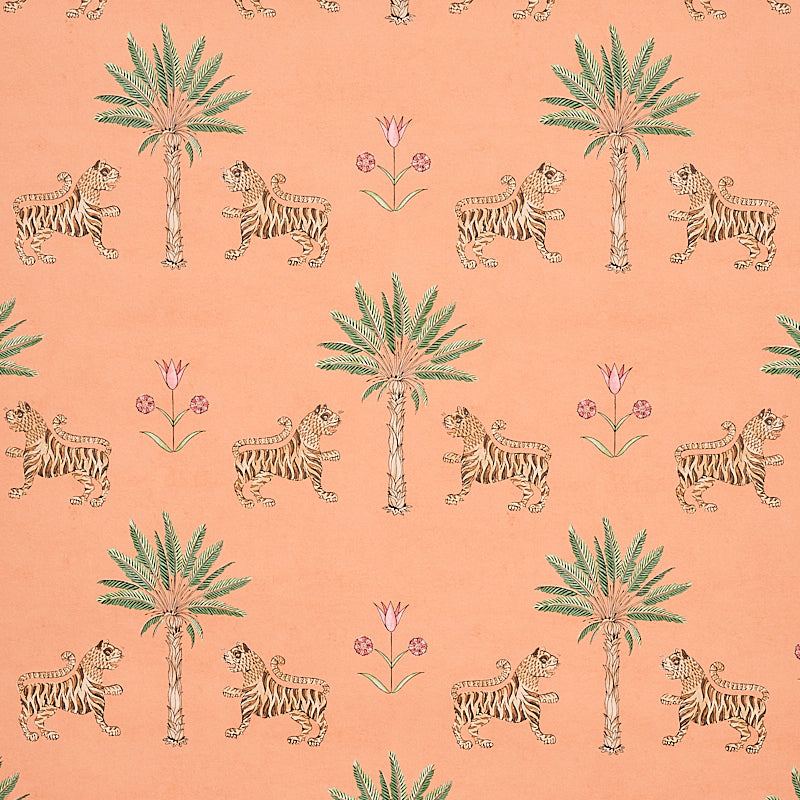 Schumacher Tiger Palm Crimson On Peach Wallpaper - Eade's Wallpaper