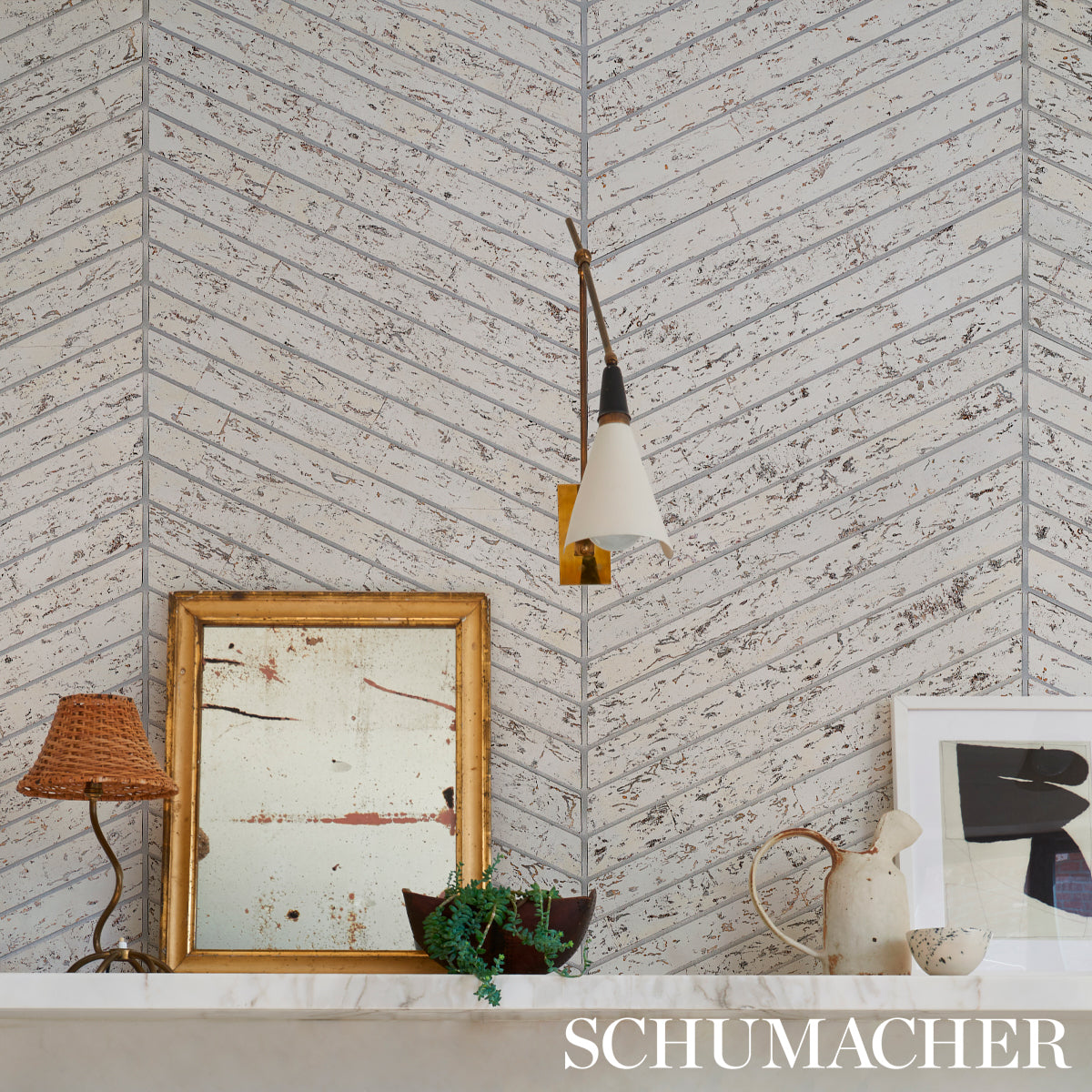 Schumacher Cork Herringbone White Wallpaper