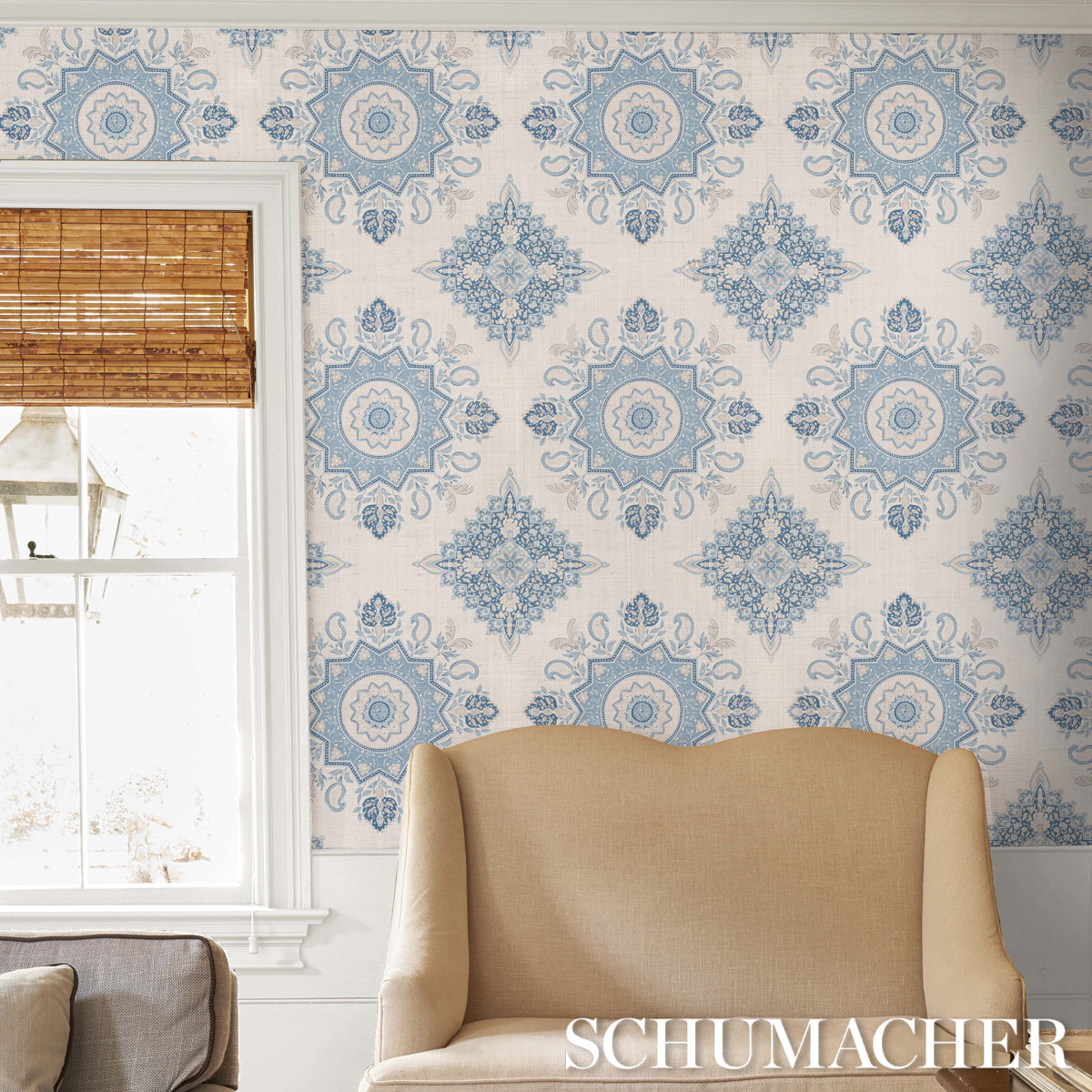 Schumacher Montecito Medallion China Blue Wallpaper - Eade's Wallpaper
