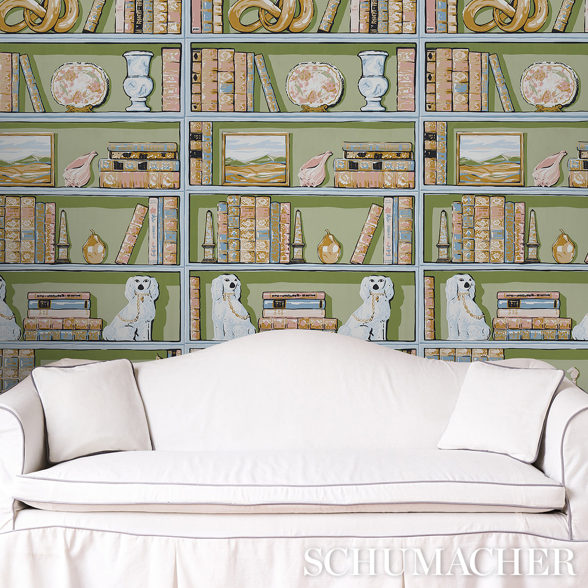 Schumacher Natalie’S Library Celadon Wallpaper - Eade's Wallpaper