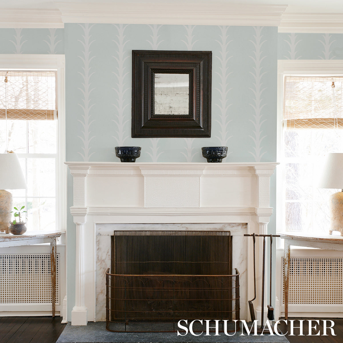 Schumacher Acanthus Stripe Ivory On Mineral Wallpaper