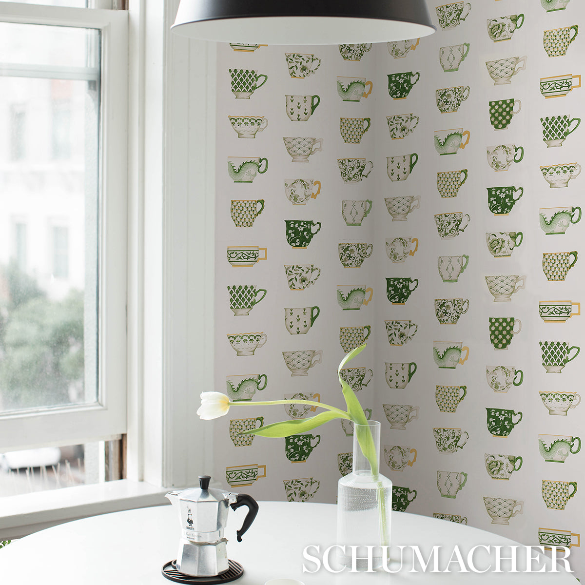 Schumacher Onie'S Teacups Spring Green Wallpaper - Eade's Wallpaper
