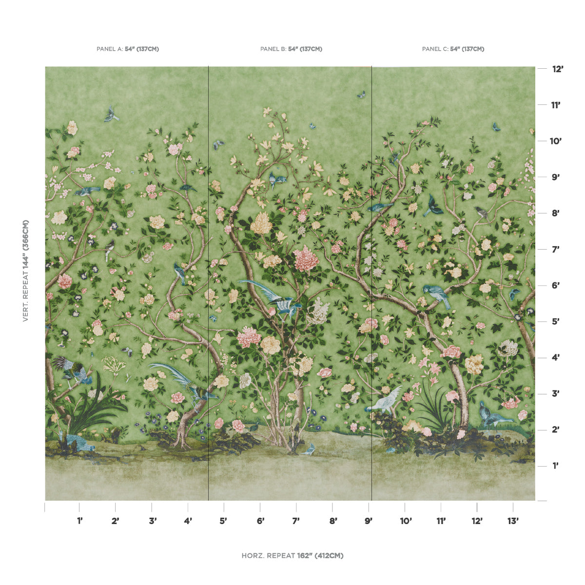 Schumacher Les Oiseaux Panel Set Apple Green Wallpaper - Eade's Wallpaper