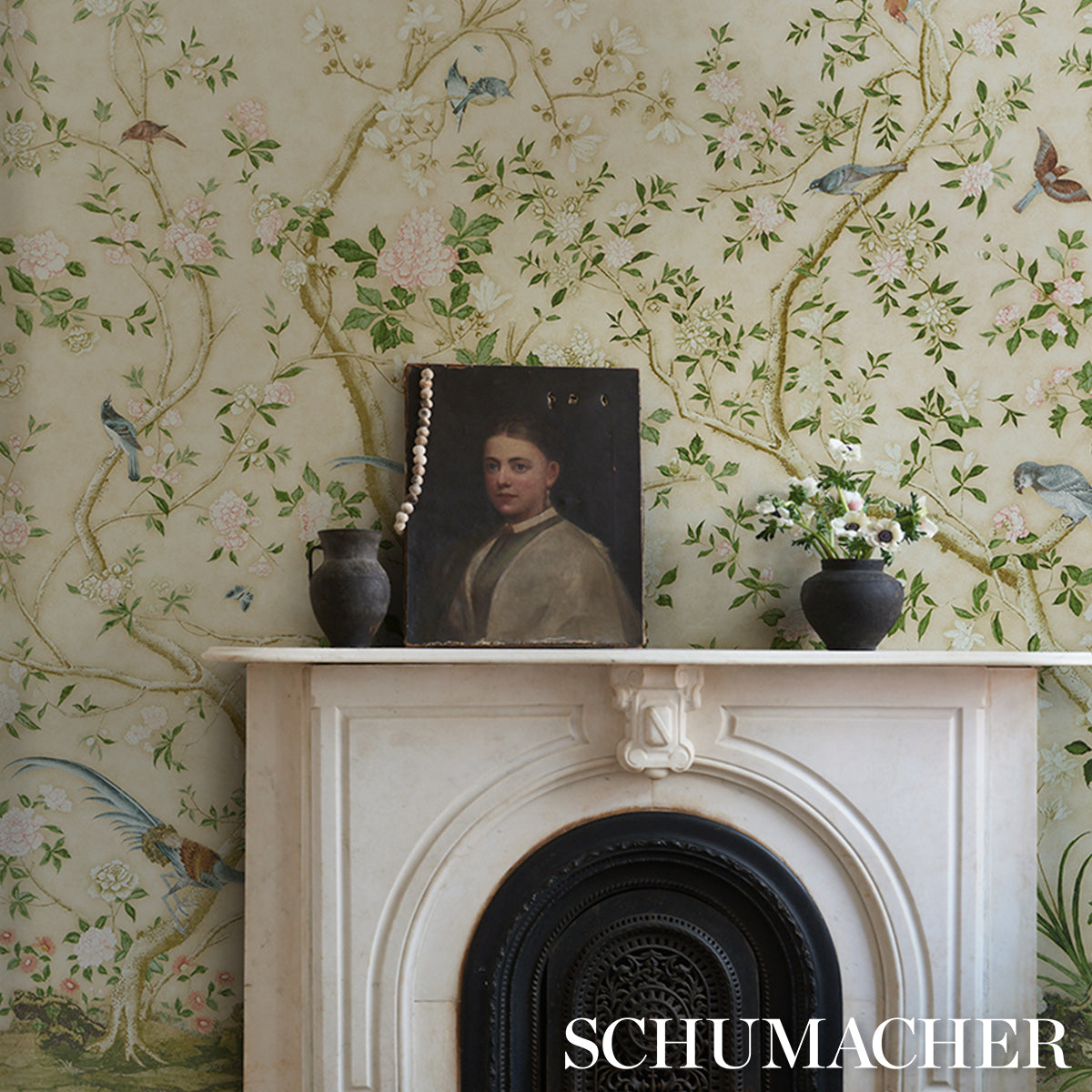 Schumacher Les Oiseaux Panel Set Apple Green Wallpaper - Eade's Wallpaper
